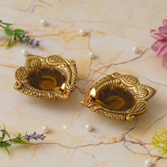 Set Of 2 Golden Handcrafted Decorative Brass Diyas | Auspicious Diyas