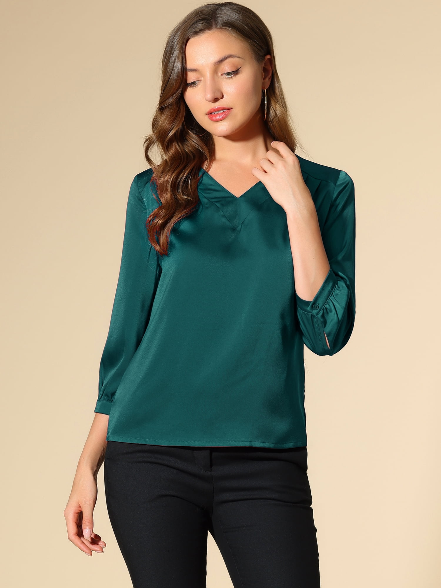 DARING DIVA Women's Satin Blouse Long Sleeve V Neck Top Shirts XS Blue Green