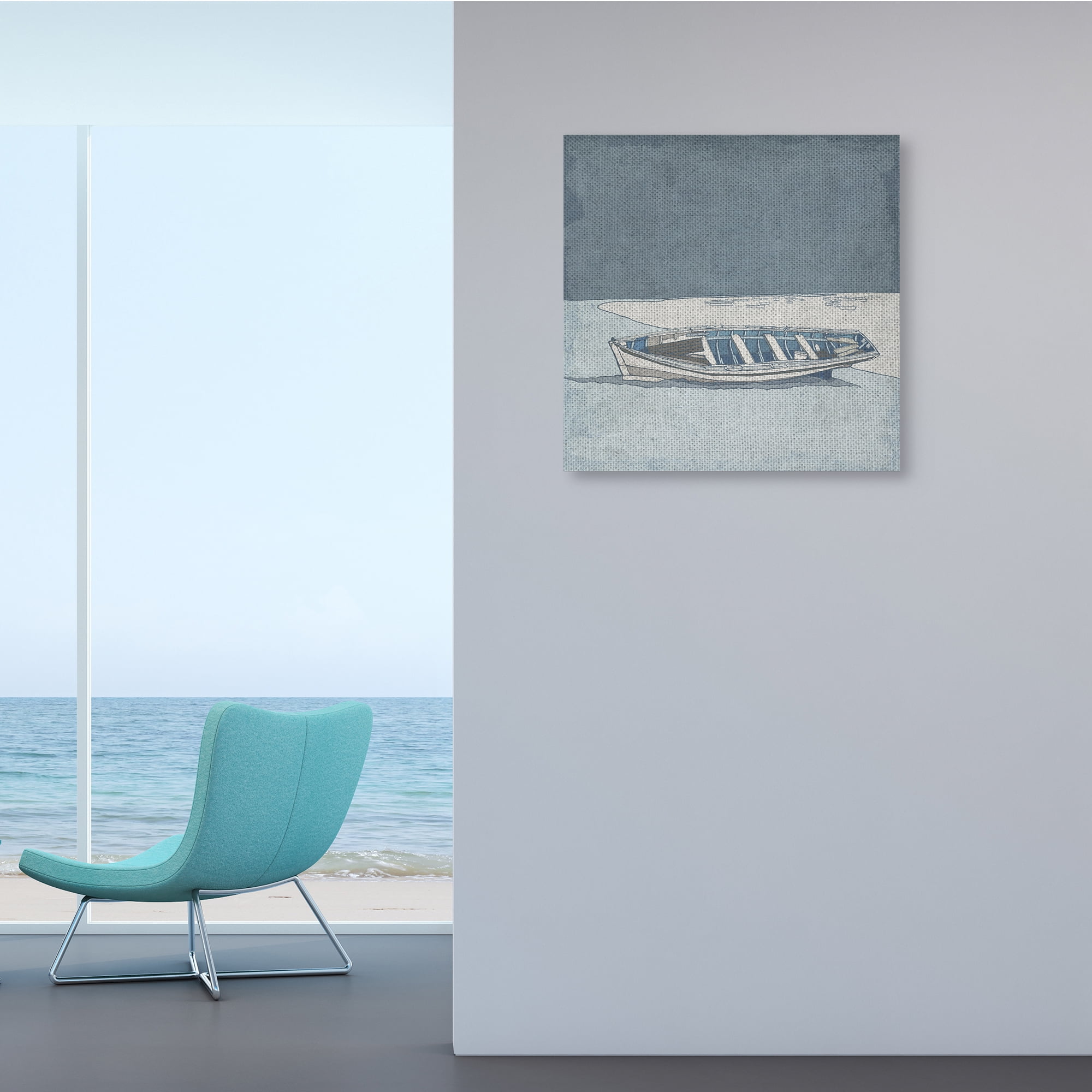 Stupell Industries Blue Monochrome Rowboat Beach Coast Landscape,24 x 24,Designed by Ynon Mabat