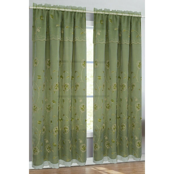 Alana Sheer Embroidered Curtains Panels, Sage Green Curtains Sheer