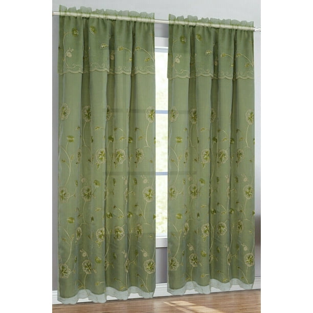 Set Of 2 Alana Sheer Embroidered Curtains Panels With Taffeta Backing And Attached Valance 90 Long Sage Green Metallic Accent Com Alana Sheer Embroidered Curtains Panels, Green Taffeta Curtains