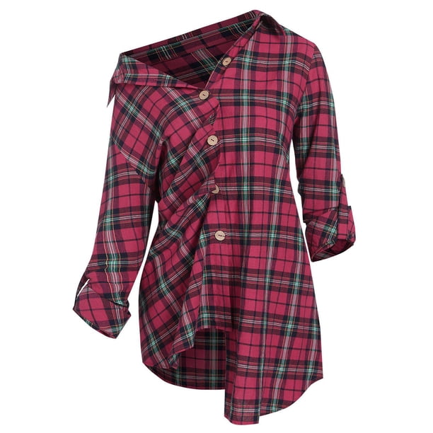 Blusa a Cuadros Abotonada Tamaño Grande Rosegal Blusas Tallas Grandes