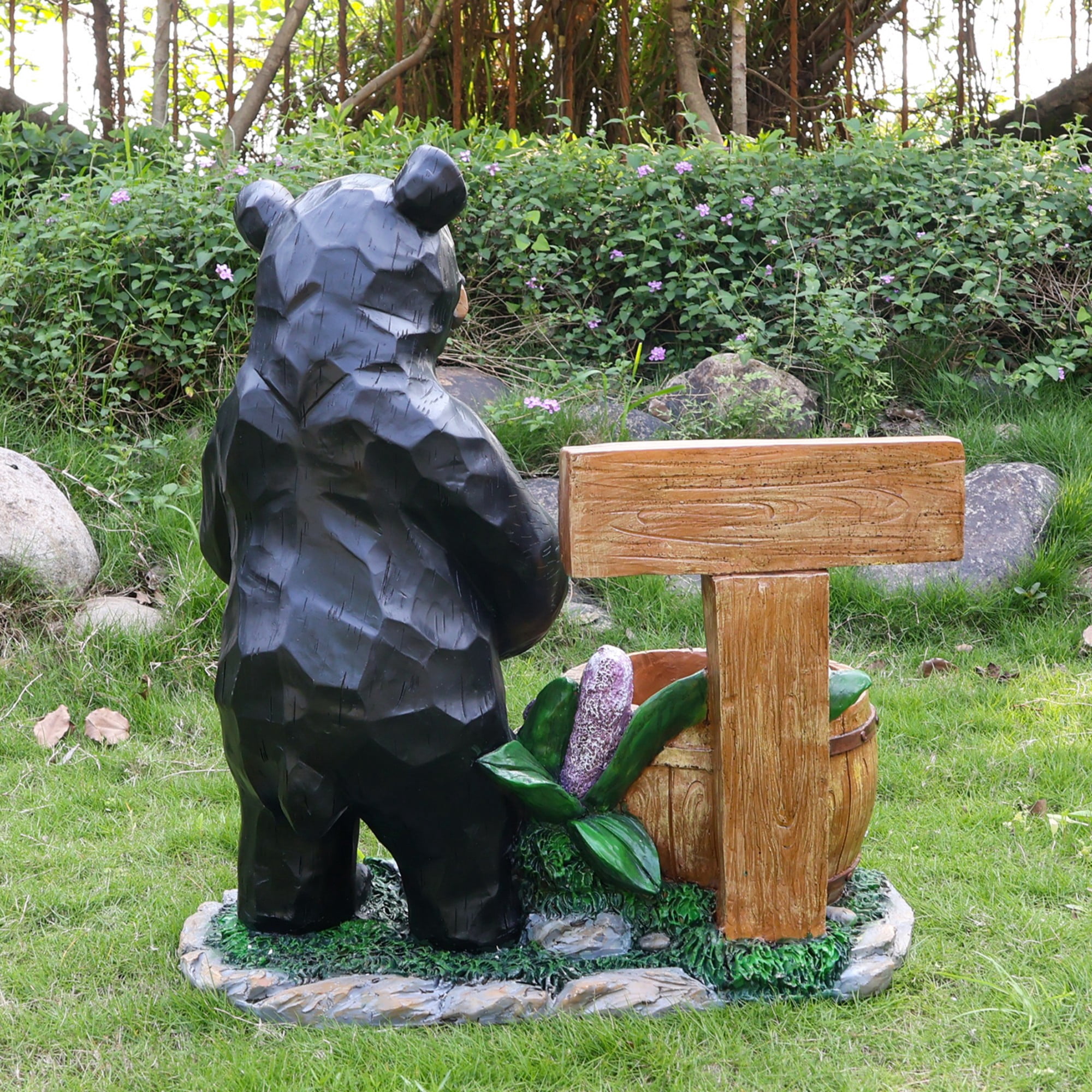 Bear Garden Statue, Black Resin Flower Pot Planter with Welcome Sign for Patio Yard