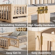 Queen Floor Bed Frame for Toddler, Montessori Floor Bed with Fence and Wood Slats for Girls Boys Kids Happy Time,Natural