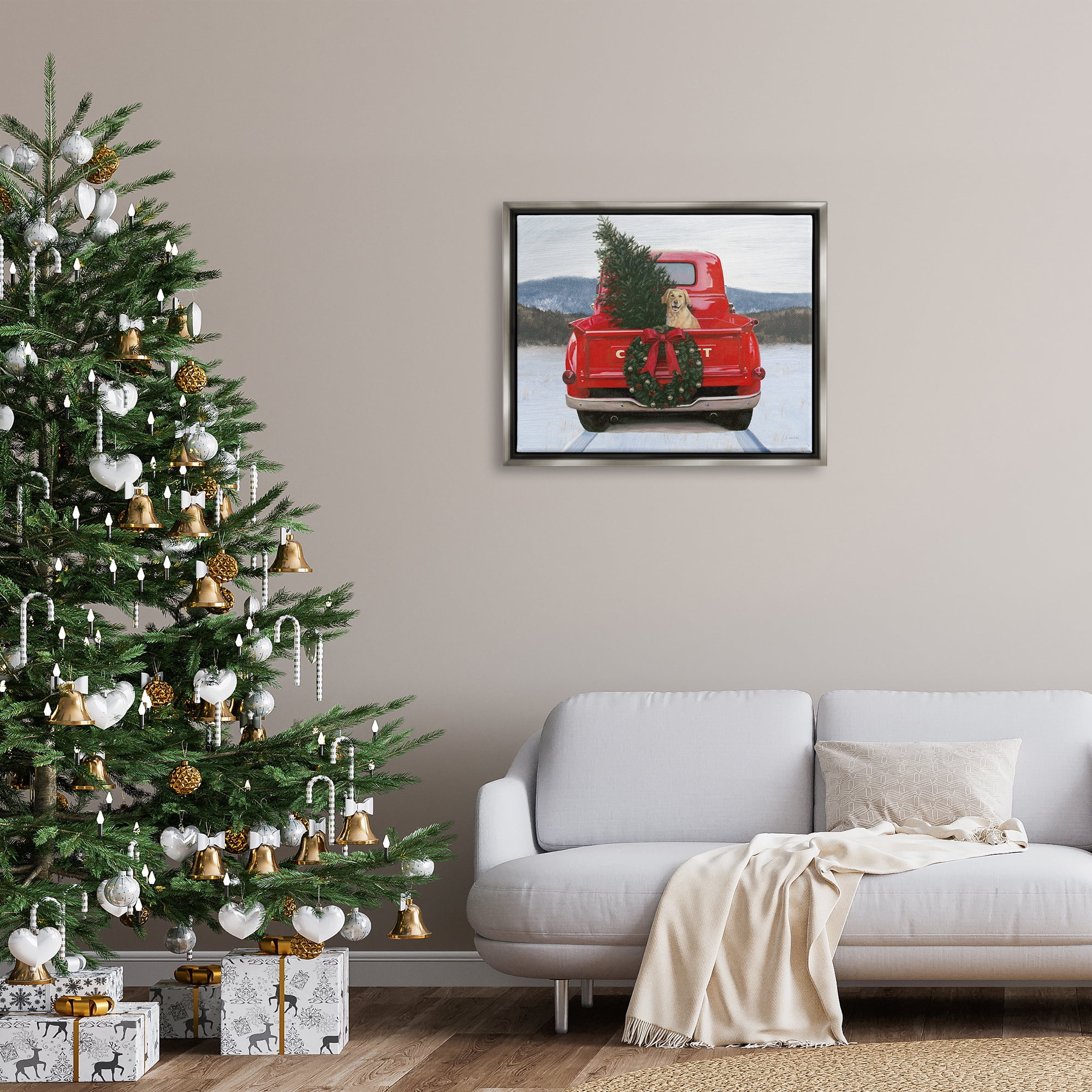 Stupell Industries Holiday Tree in Truck Holiday Painting Gray Floater Framed Art Print Wall Art, 31 x 25