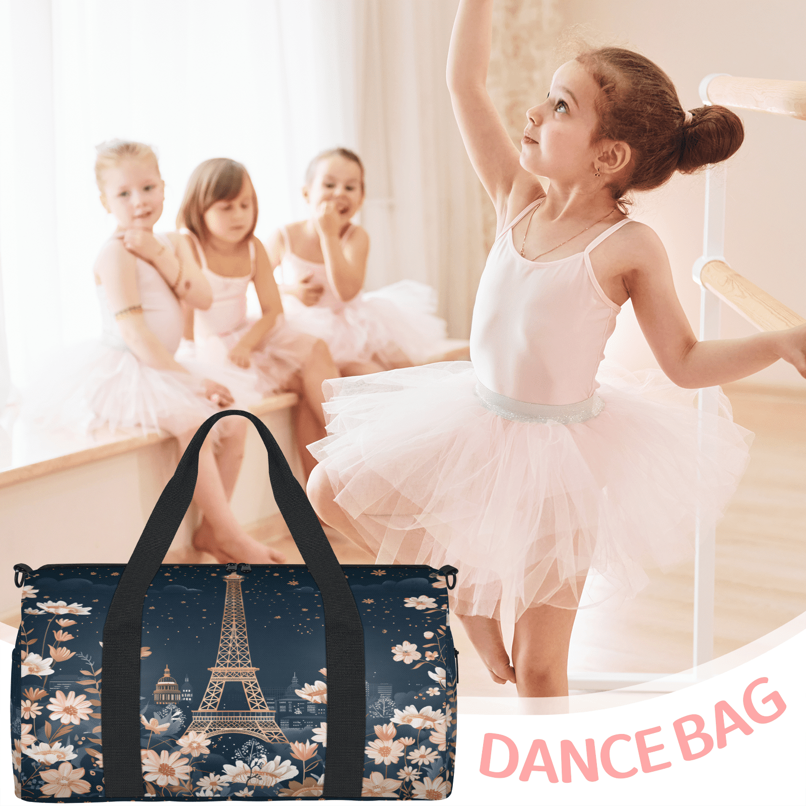 Herdesigns Paris Eiffel Tower Gym Bag for Women, Duffle Bag for Travel Sport, Flower Lightweight Waterproof Carry on Weekender Dance Yoga Workout Bags