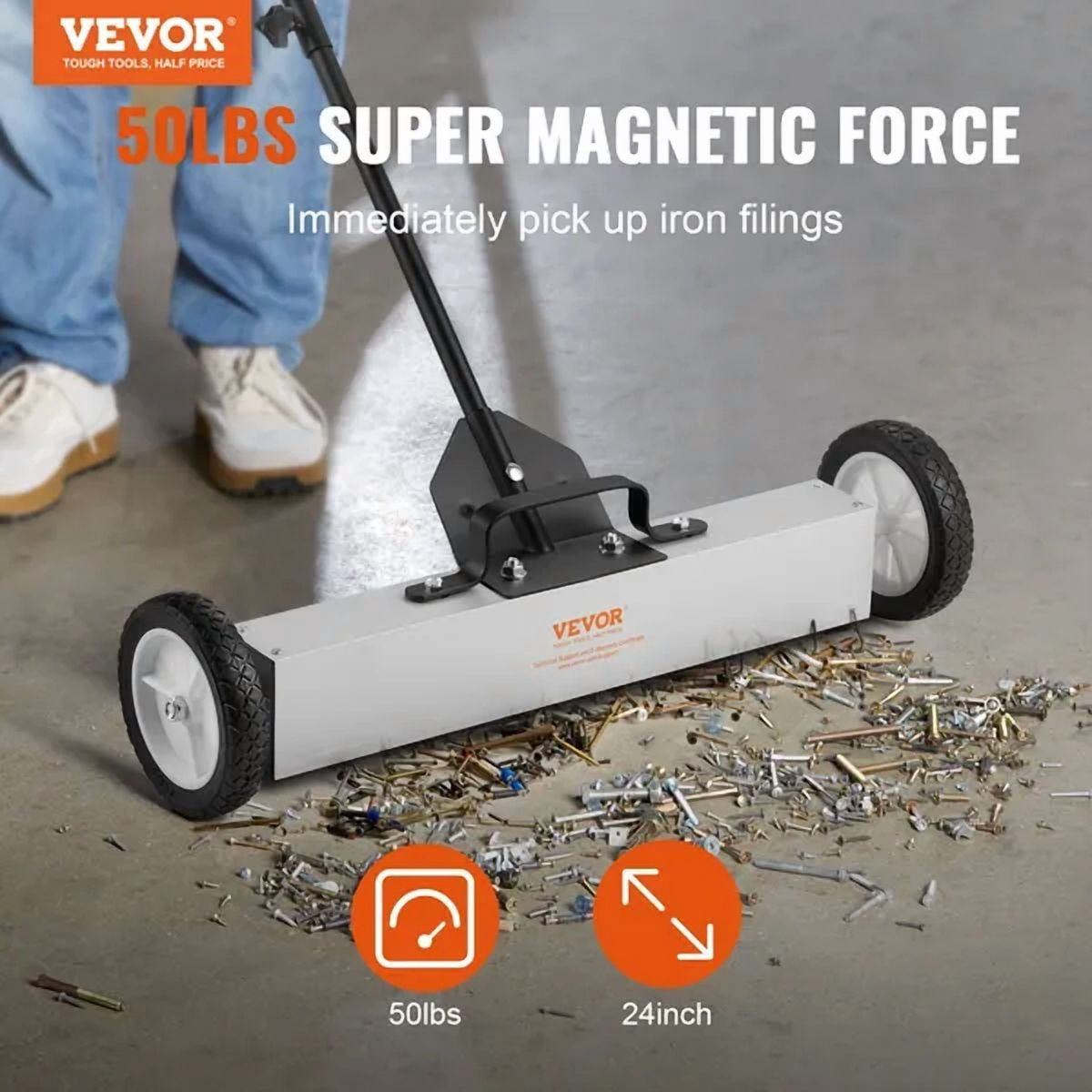 50 Lbs Rolling Magnetic Sweeper with Wheels 24 Inch Large Magnet Pickup Lawn Sweeper Telescoping Handle for Easy Workshop Garage Yard Cleanup