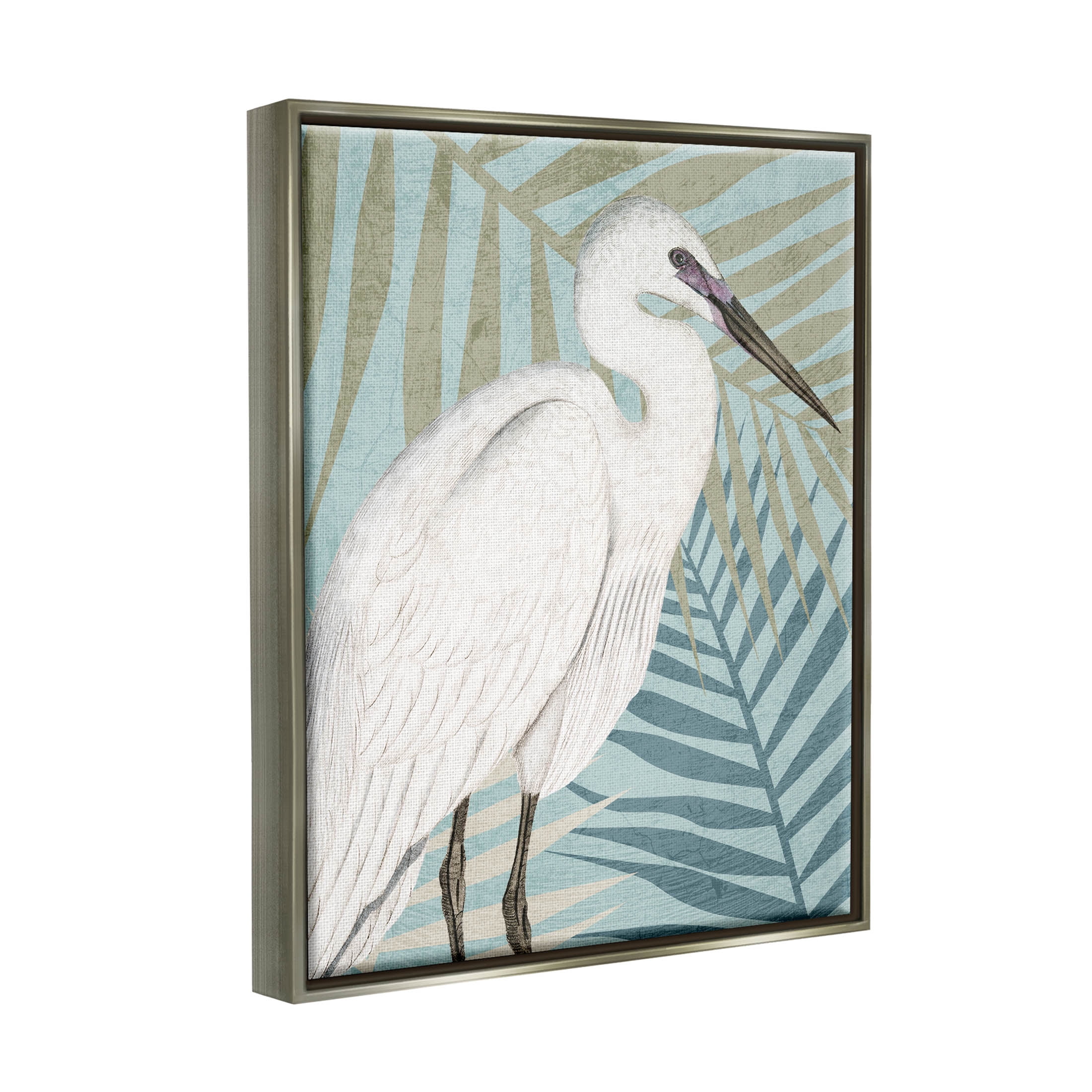 Tropical Egret Botanical Leaves Animals & Insects Graphic Art Luster Gray Framed Art Print Wall Art