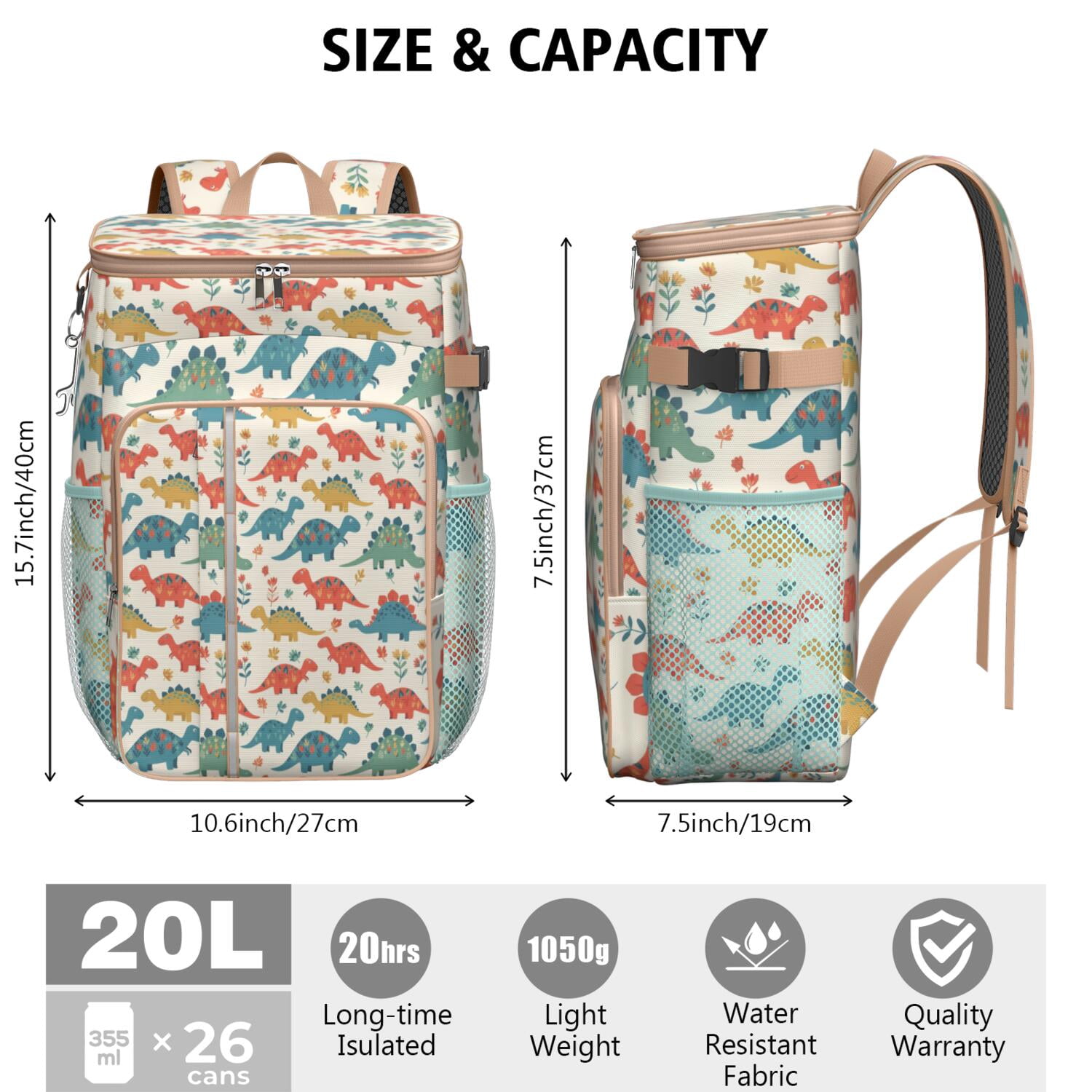 Travel Cooler Bag - Beige Cartoon Dinosaurs Flowers Pattern Camping Beer Cooler Backpack with Bottle Opener- Waterproof Insulated Picnic Backpacks - Cooler Bag for Beach