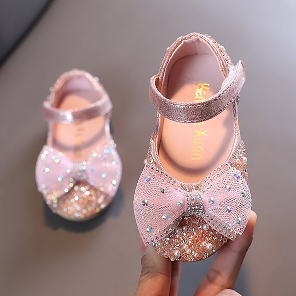 CHAOLEI Fashion Spring And Summer Girls Sandals Dress Performance Dance Shoes Mesh Pearl Rhinestone Bow Elegant Style -Pink,2.5-3 Years