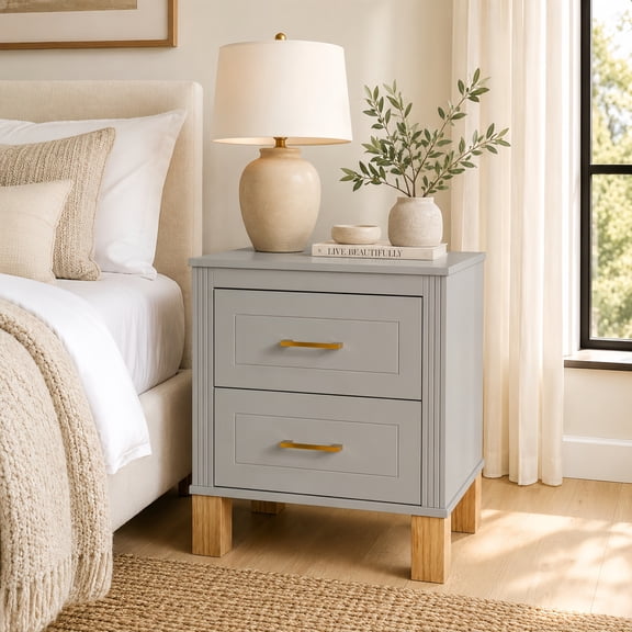 Atumcto 2-Drawer Fluted Nightstand, Wood Bedside Table with Solid Wood Legs & Metal Handles for Bedroom & Living Room, Gray