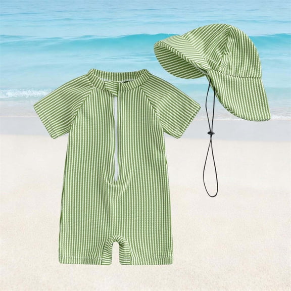 Mceream Girl Swimsuit Stripes Long Sleeve One Piece Swimsuit Romper with Swim Hat Quick Dry Bathing Suit Beach Rash Guard with UPF 50 Sun Protection 0-3 T