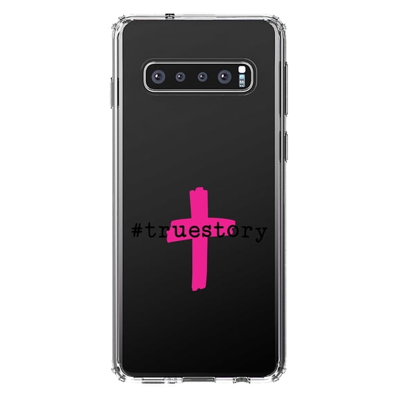 DistinctInk Clear Shockproof Hybrid Case for Samsung Galaxy S10 (6.1" Screen) - TPU Bumper Acrylic Back Tempered Glass Screen Protector - #truestory - Cross - Christian - Hot Pink