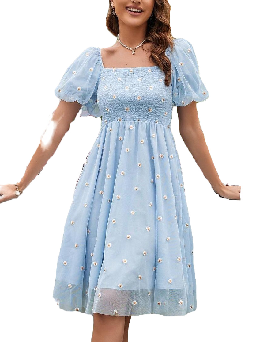 Boho Floral Square Neck A Line Dress Short Sleeve Baby Blue Women's