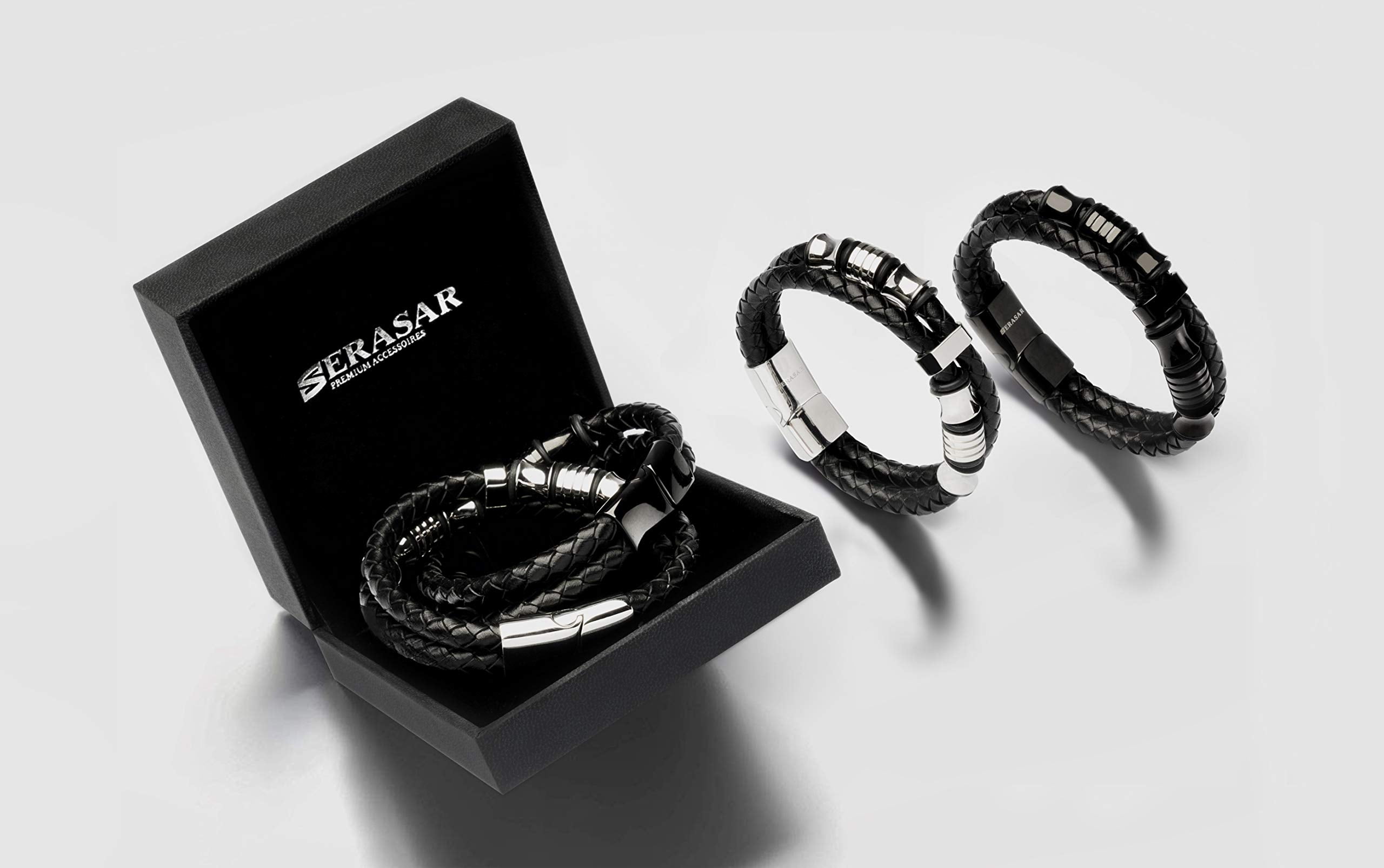 SERASAR Man's Premium Leather Bracelet "Spirit" with stainless steel magnetic closure, Silver 20cm, including gift box