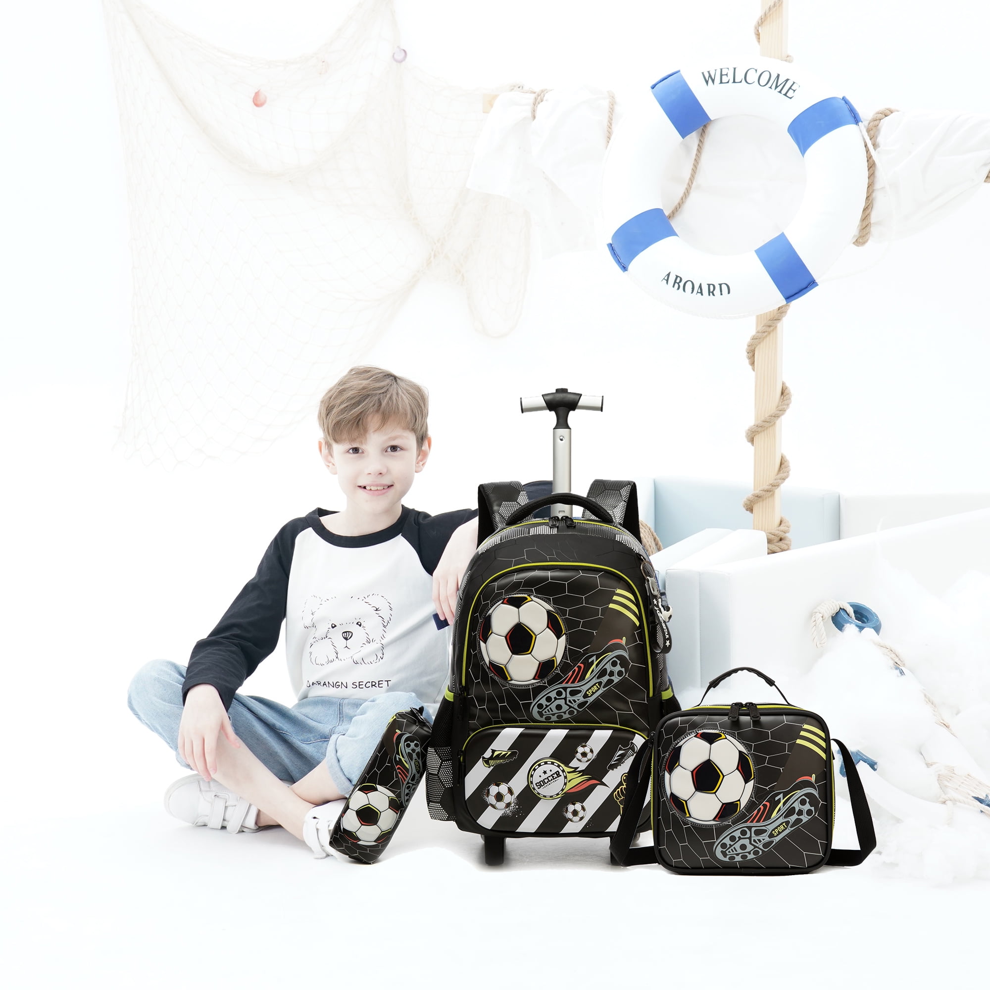 Boys Roling School Backpack with Wheels 3-Piece Wheeled Kids Backpacks with Lunch Box Pen Bag for Pupil Luggage Ages 6-12 Black Soccer