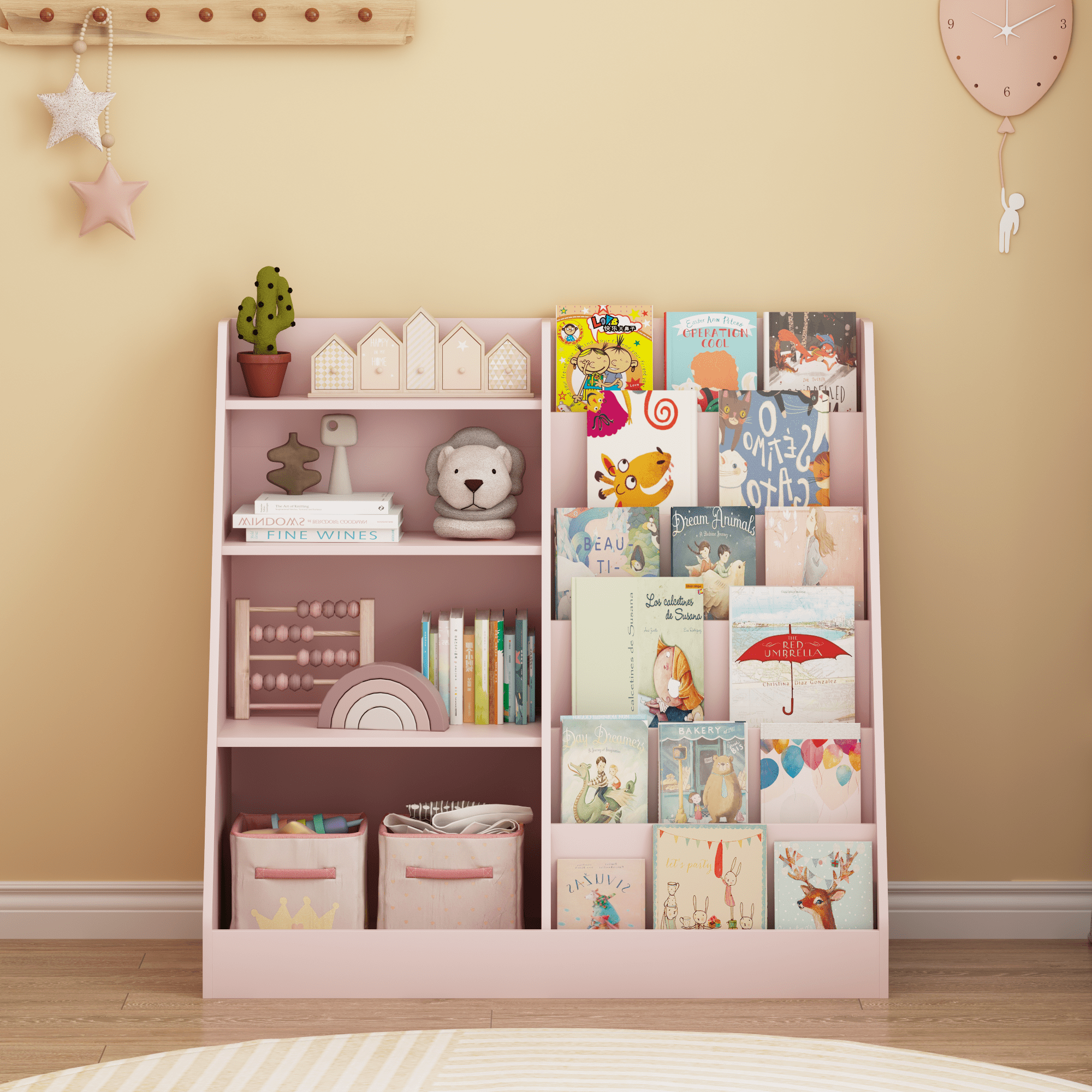 New Kids Bookshelf and Toy Storage Organizer, Multifunctional 4 Tier Wooden Kids Book Shelf with Bookcase Display Stand in Kids Room Playroom Nursery for Kids, Children, Toddlers (Pink)