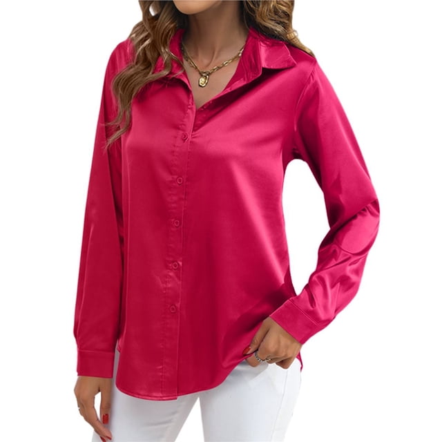 Blusas de Satén para Mujer, Camisas de Seda con Botones, Blusas Informales de Larga para Negocios Rosa Roja XL