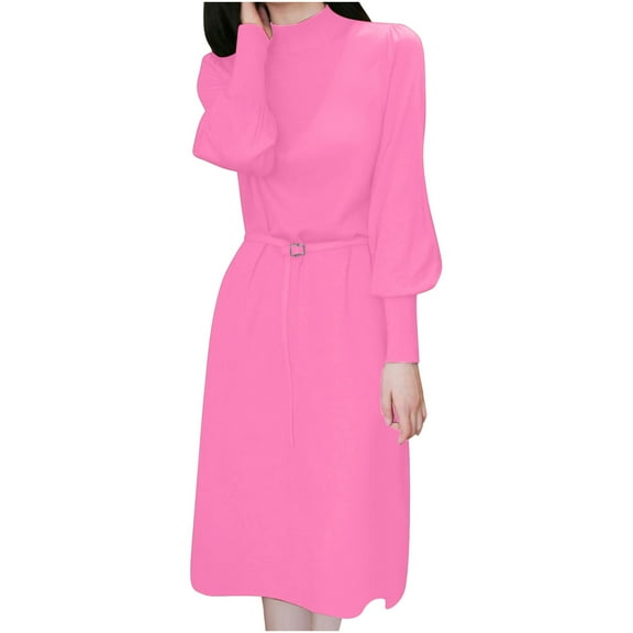 Kmdttou Women Solid Color Semi High Neck New Mid To Long Slim Sleeve With Knitted Long Sleeved Dress Inside The Head,Fashionable Casual Dresses for Women 2025