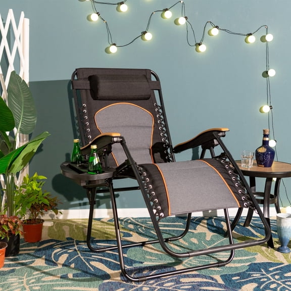 SUMMIT LIVING Padded Oversized Zero Gravity Chair Folding Lounge Recliners with Cup Holder,Black