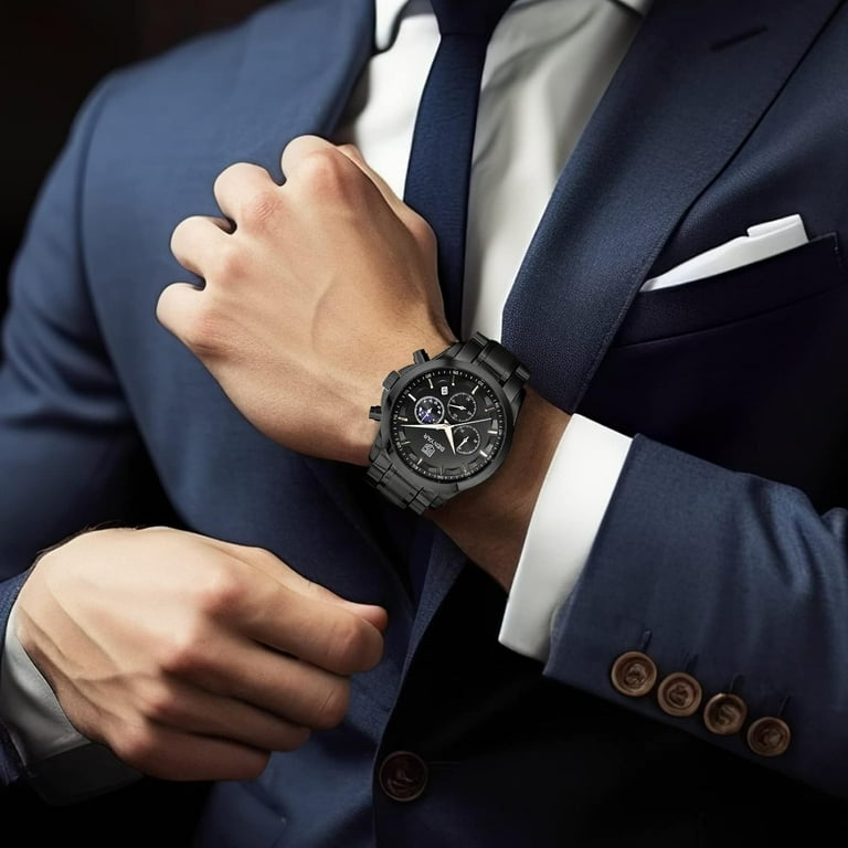 BENYAR Mens Watches Waterproof Wrist Watch for Men Multifunction Chronograph Black Fashion Business Casual Sport Designer Dress Watch with Calendar Leather Stainless Steel Strap Walmart