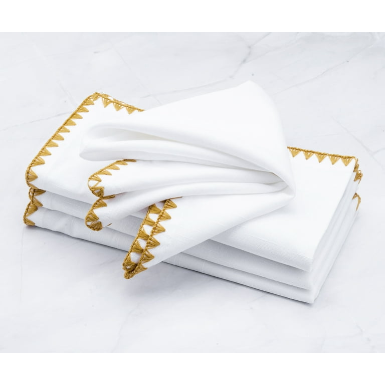 White Linen Cloth Scallop Napkins With Gold Trim for Table Decor 18''x18''  Size Set of 4, 6 or 8 Easter Decor 