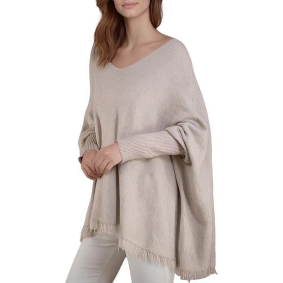 Women'S V-Neck Batwing Sleeve Casual Fringed Hem Oversized Knit Poncho Sweater Apricot L/XL