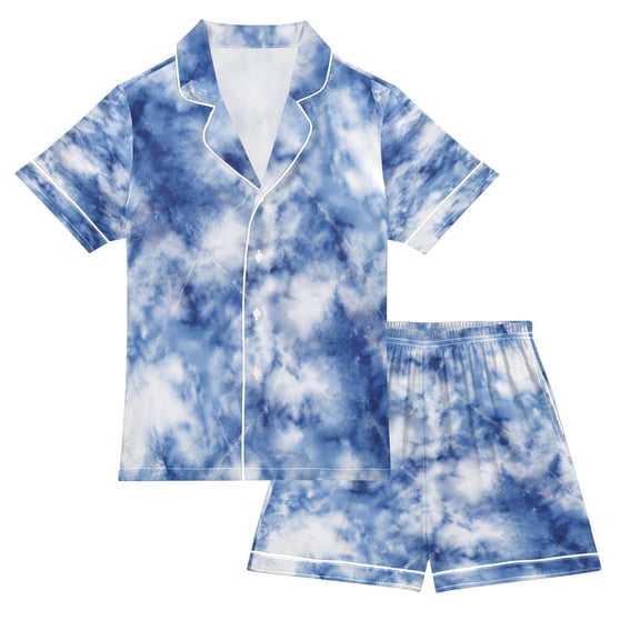 Silky Satin Kids' Pajama Set Breathable & Smooth Unisex Button-Down Pajamas Blue Tie-dye Pattern