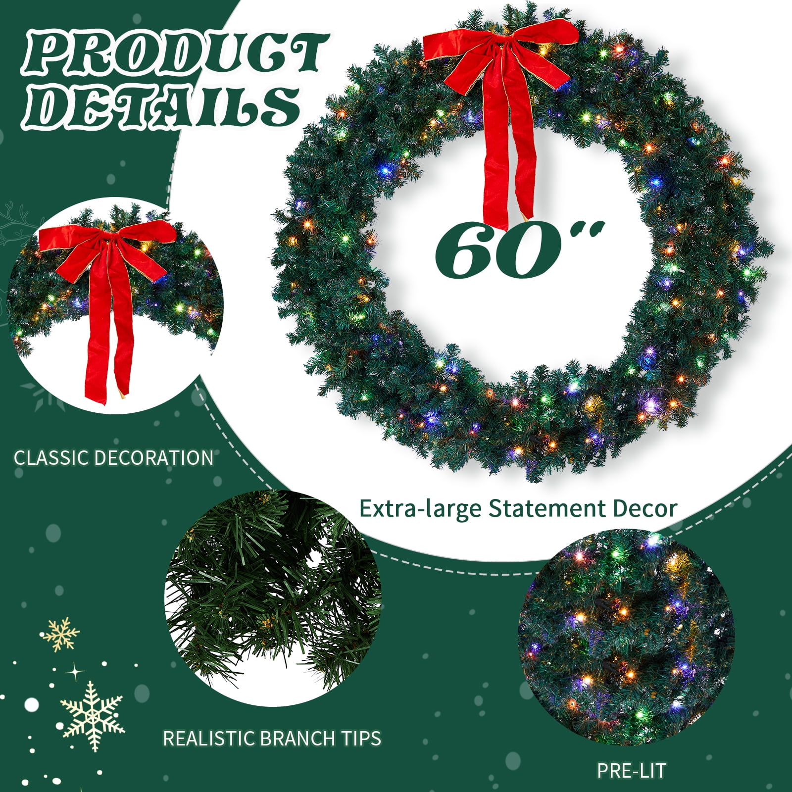 60in Pre-lit Christmas Wreath, Lighted Artificial Xmas Wreath with 220 Warm & Multi-color Lights and 600 PVC Tips, Remote Control Stepless Dimming, for Front Door Gate Wall Xmas Party Decorations