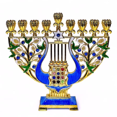 Stp Goods Harp Menorah in Gift Box 7.1x2.8x7.5" (18x7.2x19 cm) Judaica Hanukkah Enamel Menorah Hand-Painted Artistic Menorah Metal Candelabra with Jeweled Accents, Blue and Gold