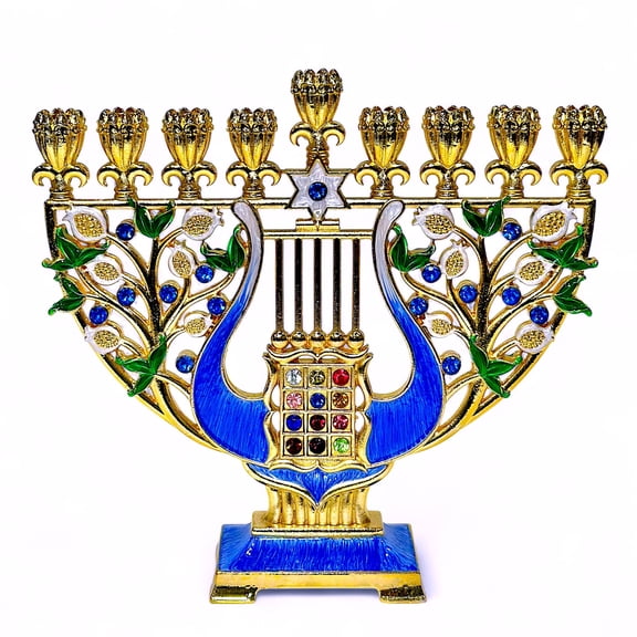 Stp Goods Harp Menorah in Gift Box 7.1x2.8x7.5" (18x7.2x19 cm) Judaica Hanukkah Enamel Menorah Hand-Painted Artistic Menorah Metal Candelabra with Jeweled Accents, Blue and Gold