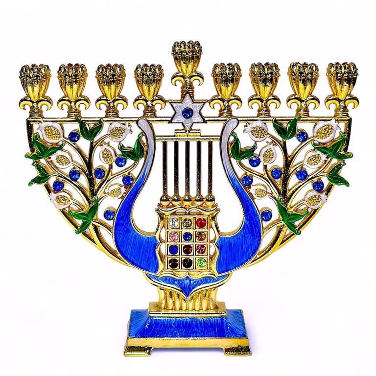 Harp Menorah with Jeweled Accents, Blue and Gold photo 1