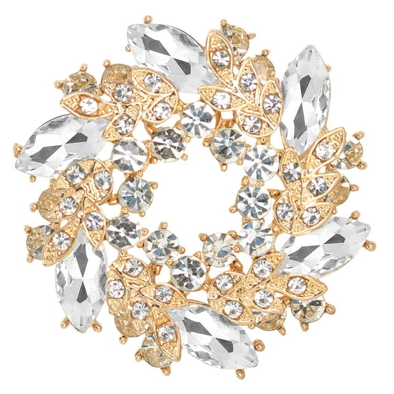 Gyn&Joy Gold Tone Clear Crystal Rhinestones Wedding Bridal Leaf Floral Wreath Brooch Pin