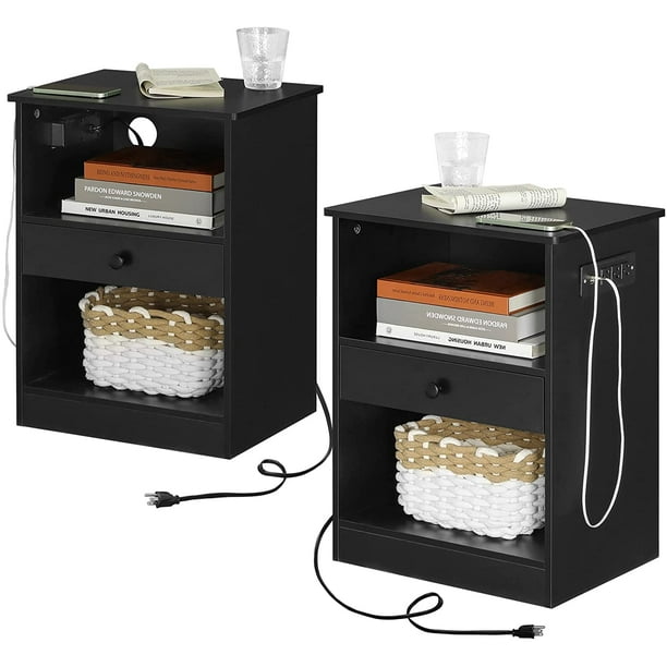 Set of 2 Nightstand with Drawers & USB Ports & Power Outlet,Modern Wood End Side Bedside Table Storage Cabinet for Bedroom Living Room, Black