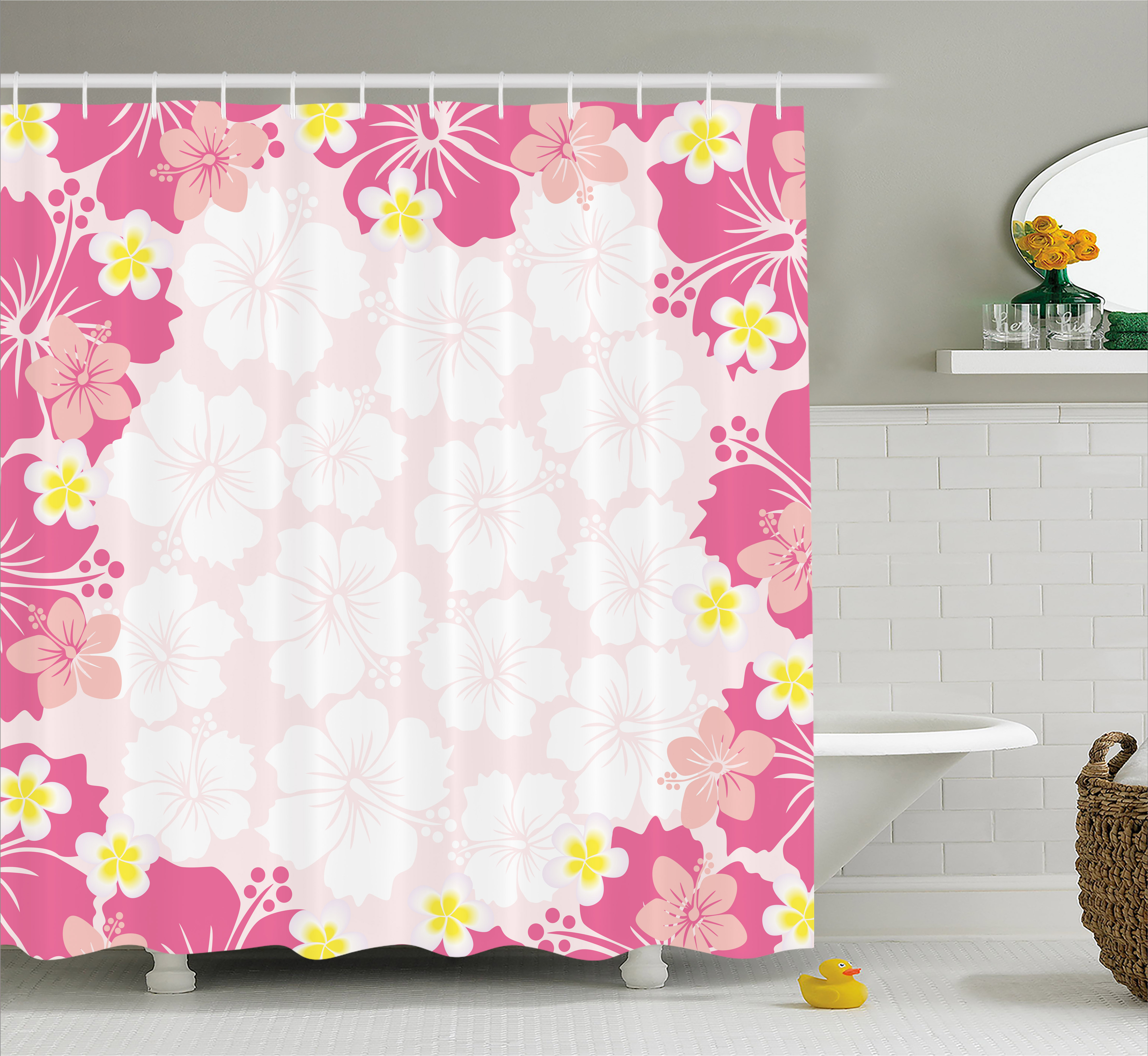 Luau Shower Curtain, Graphic Framework Cute Pink Hibiscus Flourish