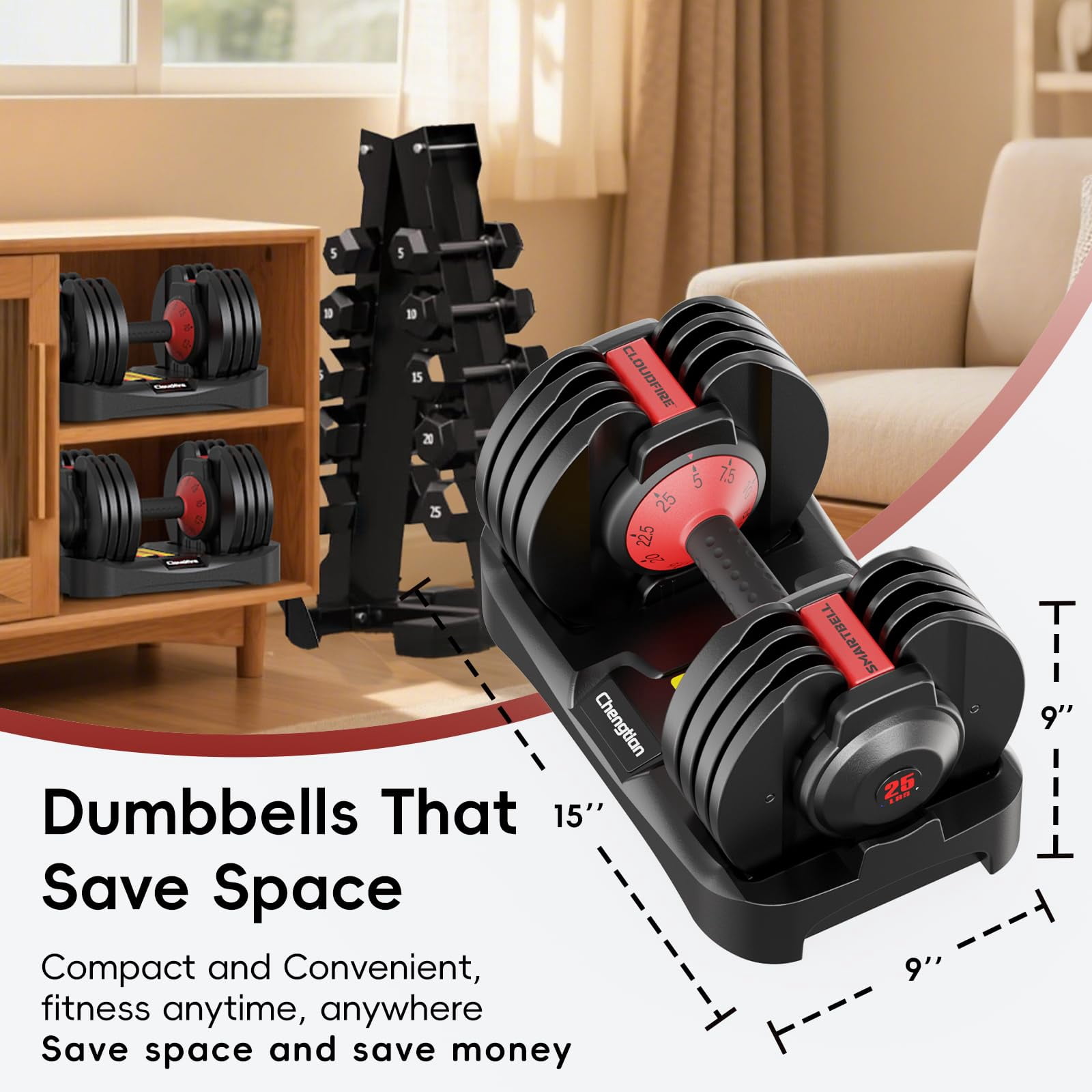 Adjustable Dumbbell Set of 2, 25 lbs Single / 52.5 lbs Pair, Upgraded Quick Adjust Weights Dumbbells with Anti-Slip Handle for Home Gym