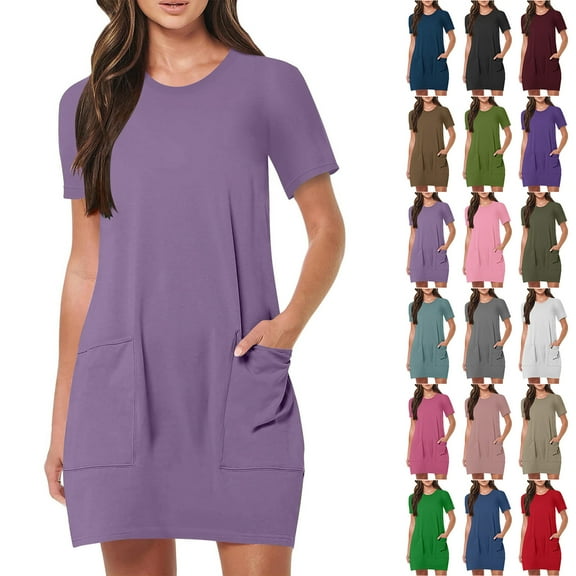 Kmdttou Dresses for Women Plus Size Women Fashion Summer Solid Color Short Sleeve Round Neck Pocket Dress Beach Sundress with Pockets