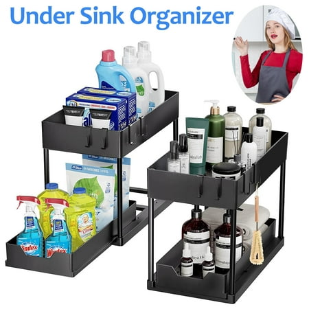 2 Pack Under Sink Organizers kitchen 2 Tier Pull Out Sliding Drawers Under Bathroom Cabinet Organizers and Storage Bath Shelf Multi-Purpose Rack Baskets with Hanging Hooks Black