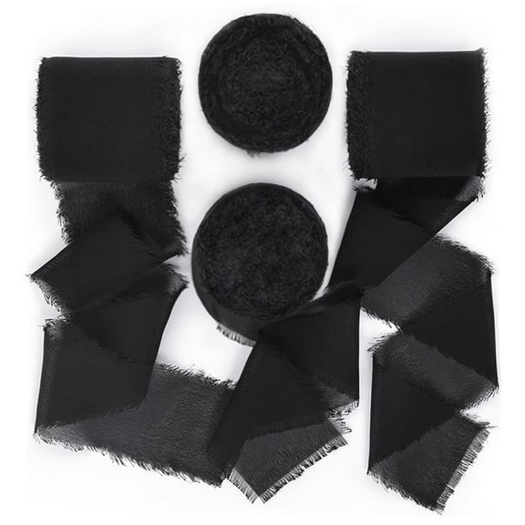 Holzlrgus Black Handmade Fringe Chiffon Silk Ribbon 1-3/4" x 7Yd 4 Rolls Frayed Ribbons for Wedding Invitations Bridal Bouquets Wrapping