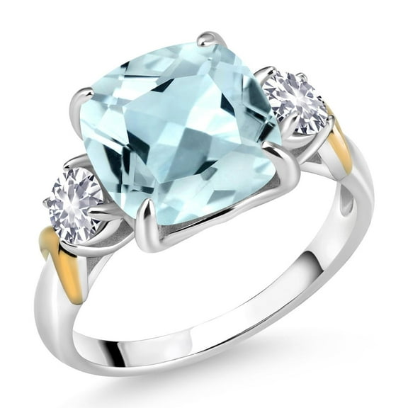 Gem Stone King 925 Silver and 10K Yellow Gold Sky Blue Simulated Aquamarine and Created Sapphire 3 Stone Ring for Women (4.30 Cttw, Gemstone Birthstone, Cushion 10MM, Round 4MM, Size 5)