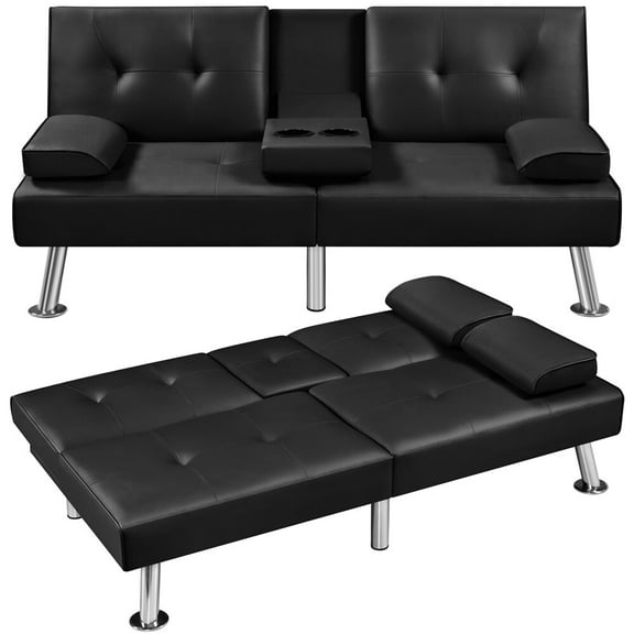 Wubio Faux Leather Sofa Bed Convertible Futon Sofa with 2 Throw Pillows Cup Holders-Black