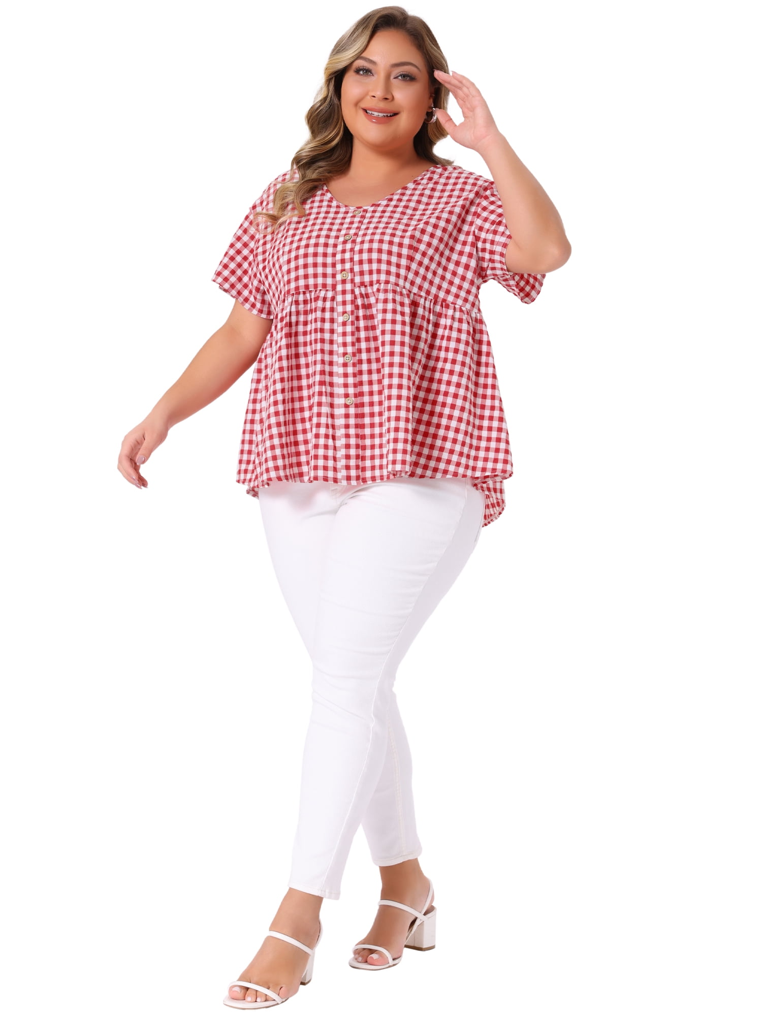 Women's Plus Gingham Tops Plaid Short Sleeve V Neck Summer Babydoll Top 3X Red