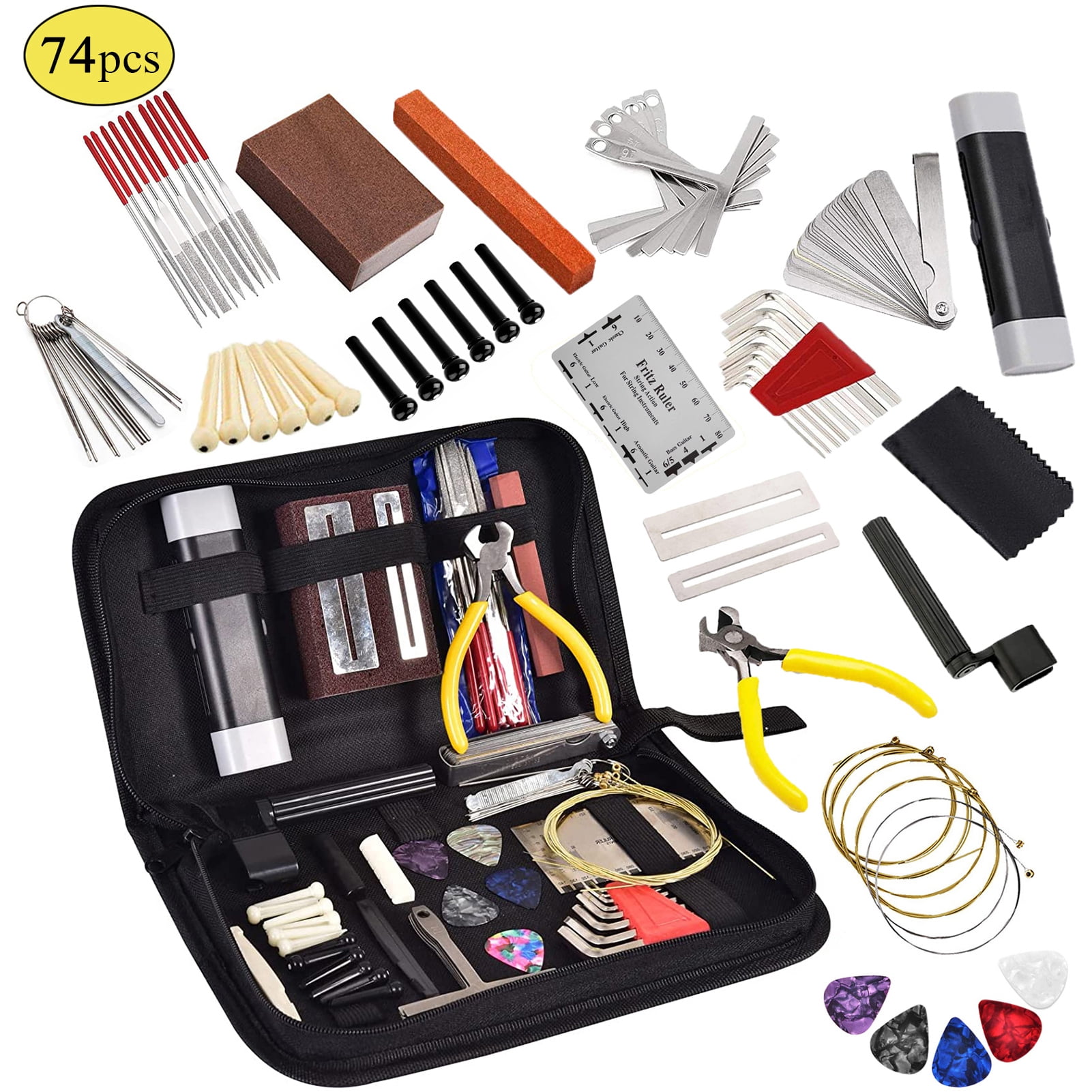Guitar Tool Kit Luthier Music 74 PCS Guitar Tool Kit with Carry Bag, Repair Maintenance Tools String Action Ruler Guitar Bridge Pins Strings Picks for Guitar Ukulele Bass Banjo, String Instrument