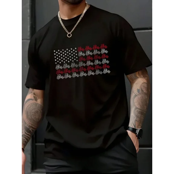 Men's Patriotic American Flag Tractor Graphic T-Shirt Retro Farmer USA Pride Short Sleeve Tee Casual Black Top