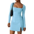 thumbnail image 2 of Douhoow Women MIni Dress Summer Solid Color Long Sleeve Square Neck Split Hem Dress, 2 of 7