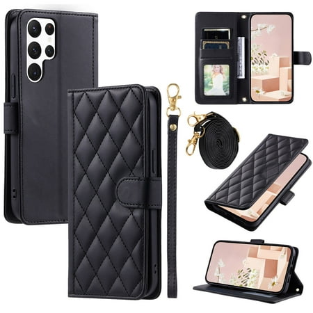 TECH CIRCLE For Galaxy S10+ Case Wallet for Women Girl,Luxury PU Leather Crossbody Wristlet Strap Kickstand Slim Card Holder Slots Wallet Case for Samsung Galaxy S10 Plus 6.4" 2019,Black