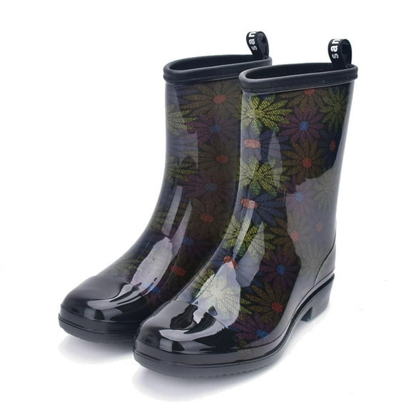 IROINNID Women's Rain Boots Black Waterproof Mid Calf Lightweight Cute Printed Booties Out Work Comfortable Garden Shoes