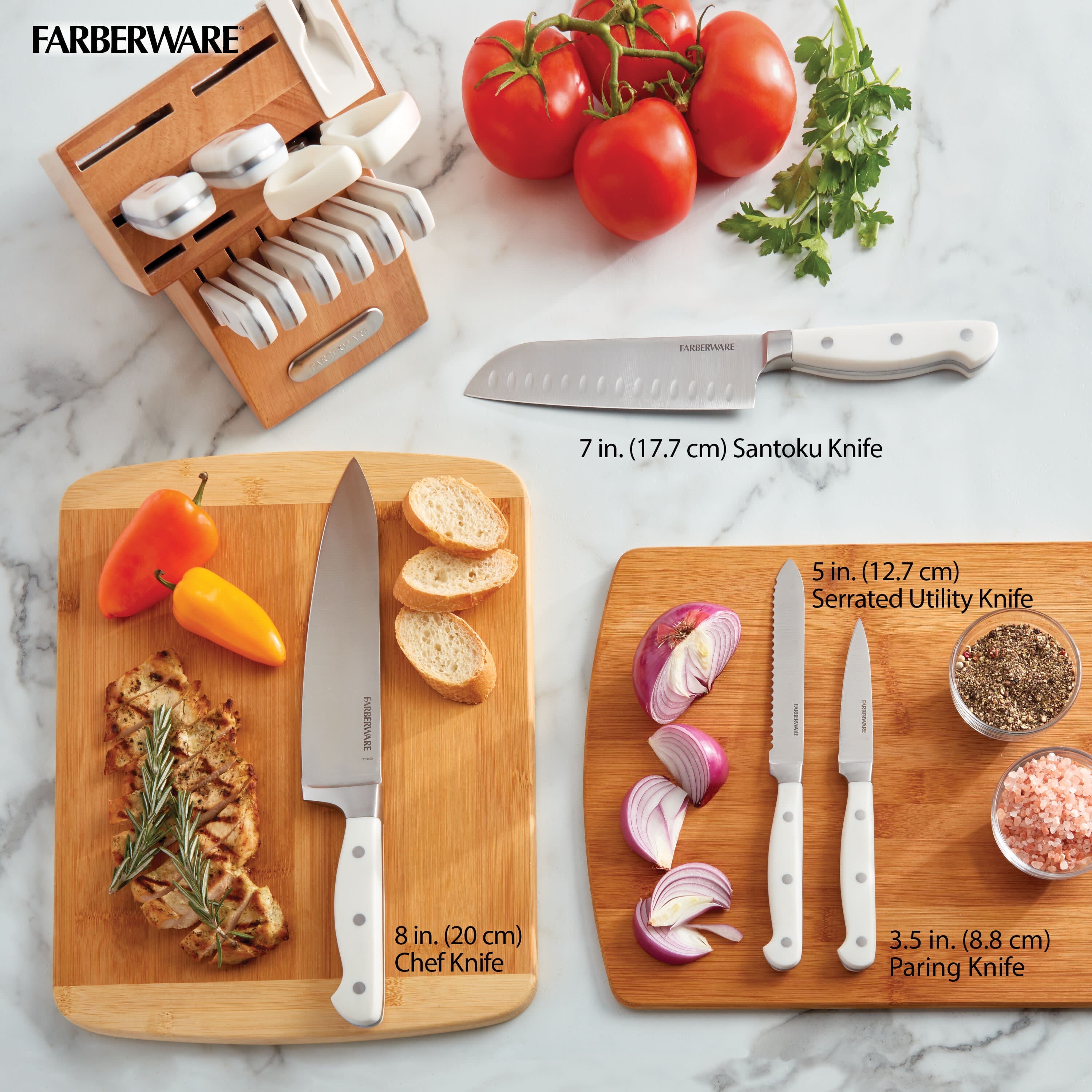 Farberware EdgeKeeper 14-Piece Forged Triple Rivet Kitchen Knife Set with Block, White