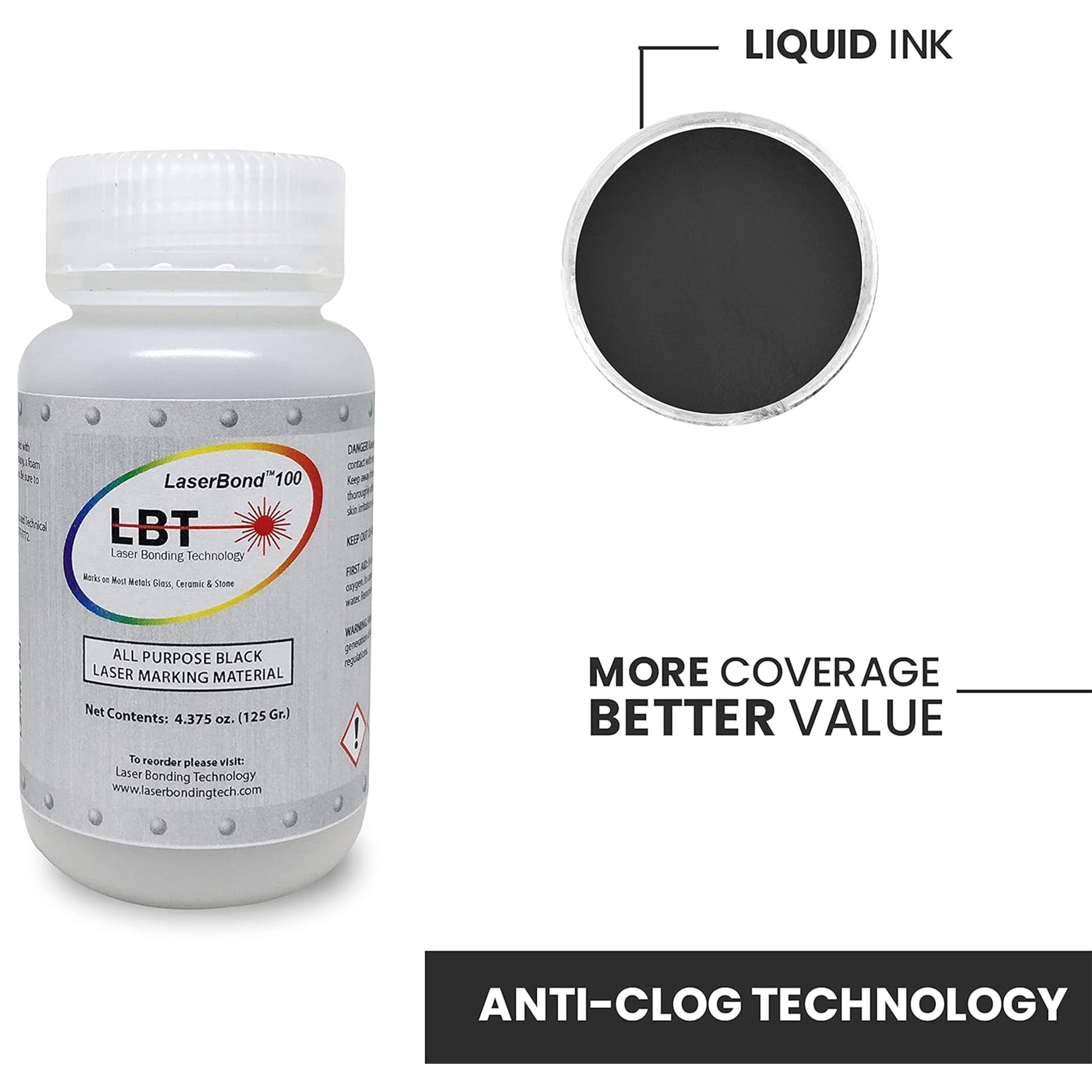 LaserBond 100 Black Laser Marking Ink 125g, Compatible with CO2 Fiber Diode and YAG Laser Engravers, Permanent Marks on Metal Glass Stone and Ceramic