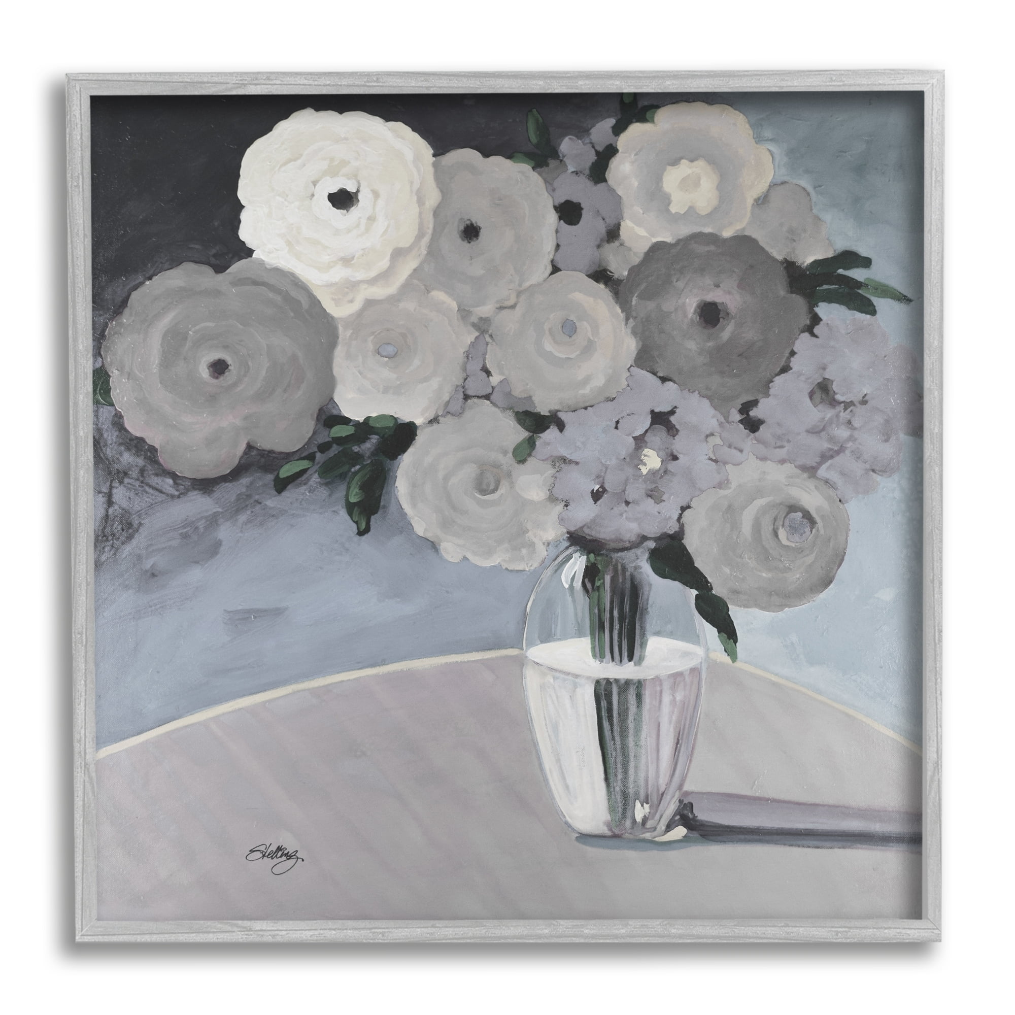 Stupell Industries Round Slate Flower Blossoms Arrangement Still Life Painting Gray Framed Art Print Wall Art, Design by Steling